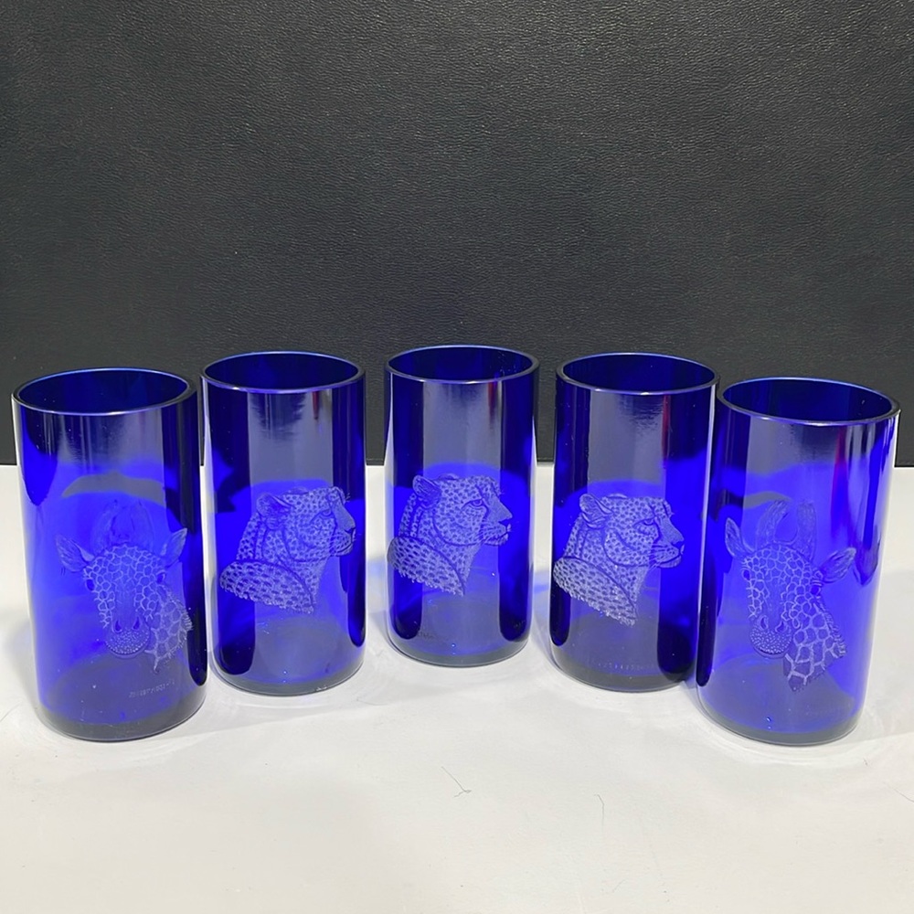 Cobalt blue custom etched tumbler drinking glasses safari theme set of 5